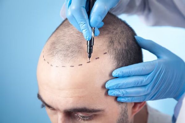 patient souffrant de perte de cheveux en consultation avec un médecin
