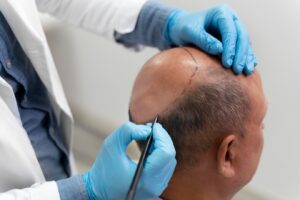 Homme subissant un processus d'extraction d'unités folliculaires. 
