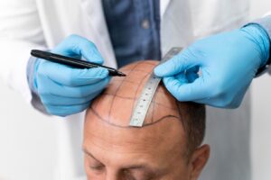 Homme subissant un processus d'extraction d'unités folliculaires. combien coûte une greffe de cheveux"