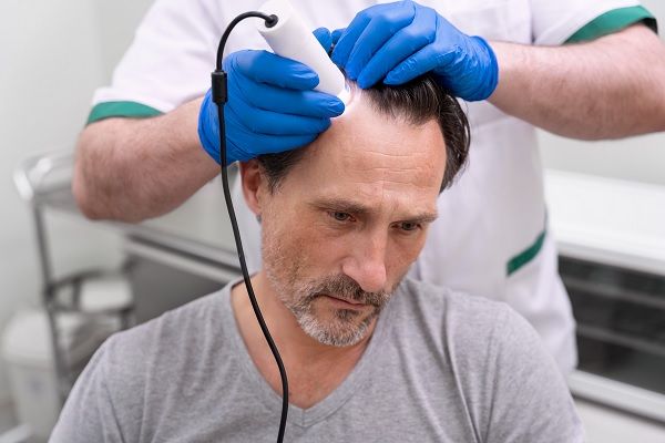 Homme passant par un processus d’extraction d’unités folliculaires. resultat greffe de cheveux.