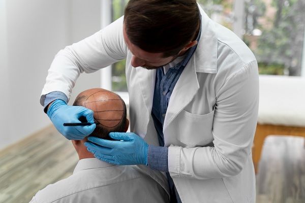 Homme passant par un processus d’extraction d’unités folliculaires.. licence medicale greffe cheveux