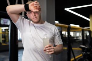 Plan moyen d'un homme fatigué tenant une boisson