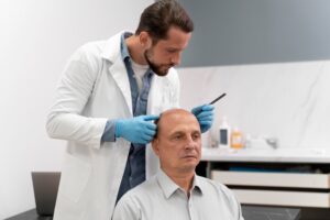 Homme d'âge mûr subissant une extraction d'unité folliculaire. Types de greffes de cheveux