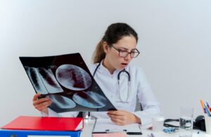 Jeune femme médecin impressionnée, portant une robe médicale, un stéthoscope et des lunettes, assise à un bureau avec des outils médicaux, tenant une radiographie et regardant vers le bas, isolée.. Qu'est-ce qu'un sarcome ?