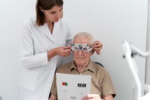 Homme subissant un examen de la vue dans une clinique ophtalmologique