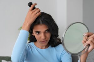 Plan moyen d'une femme utilisant un shampooing sec à la maison
