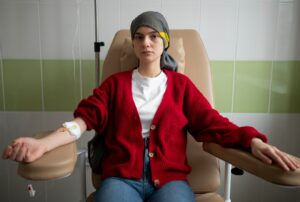 Patient recevant un traitement de chimiothérapie.