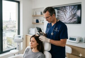 Chirurgien effectuant un diagnostic capillaire avant une greffe de cheveux à Paris.