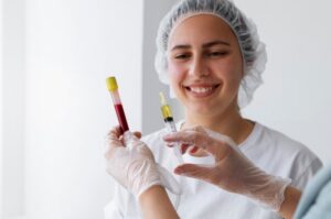Vue de face d'une femme souriante regardant l'injection. Erythromélalgie