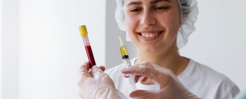 Vue de face d'une femme souriante regardant l'injection. Erythromélalgie