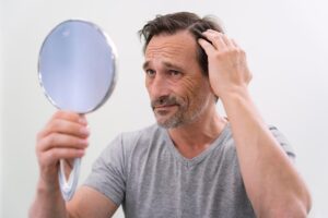 Homme recevant un traitement pour la perte de cheveux. Greffe de cheveux à 50 ou 60 ans 