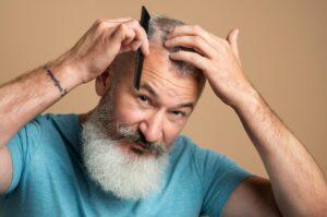 Gros plan d'un homme se coiffant. Greffe de cheveux à 50 ou 60 ans