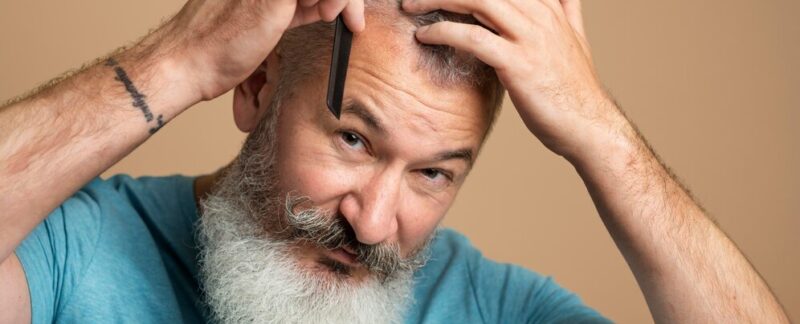 Gros plan d'un homme se coiffant. Greffe de cheveux à 50 ou 60 ans