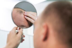 Homme adulte ayant des problèmes de calvitie. Les pellicules dans les cheveux affectent-elles la greffe de cheveux- 