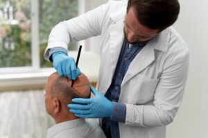 Homme d'âge mûr subissant une extraction d'unité folliculaire. Les raisons de choisir la greffe de cheveux en Turquie