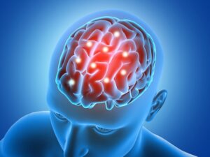 Arrière-plan médical en 3D avec un homme dont les parties du cerveau sont mises en évidence