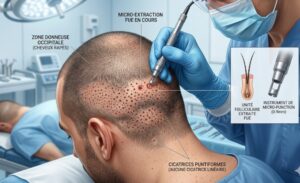 Schéma de l'extraction d'unités folliculaires lors d'une greffe de cheveux FUE.
