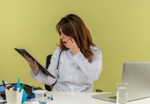 Médecin d'âge moyen en blouse médicale et stéthoscope, assis.