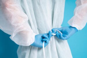 Vue latérale du médecin attachant la blouse médicale.