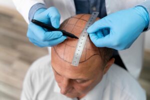 Homme audacieux subissant un processus d'extraction d'unités folliculaires. 