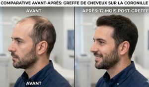 Résultat naturel d'une greffe de cheveux après un an de traitement en France.