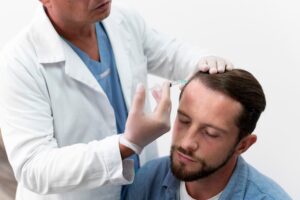 Homme adulte subissant une extraction d'unité folliculaire. Technique MicroFUE. resultat greffe de cheveux