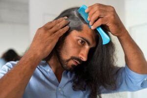 Plan moyen d'un homme utilisant un shampoing sec à la maison. 
