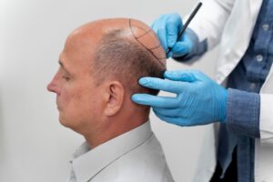 Homme d'âge mûr subissant une extraction d'unité folliculaire.