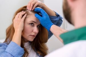 Femme recevant un traitement contre la perte de cheveux dans une clinique. la greffe de cheveux