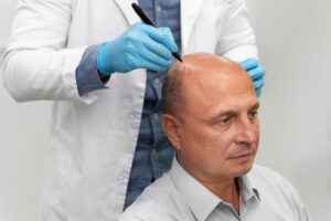 Homme subissant un processus d'extraction d'unités folliculaires. Demandes de greffes de cheveux