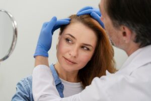 Femme recevant un traitement contre la perte de cheveux dans une clinique. La greffe de cheveux influence le bonheur