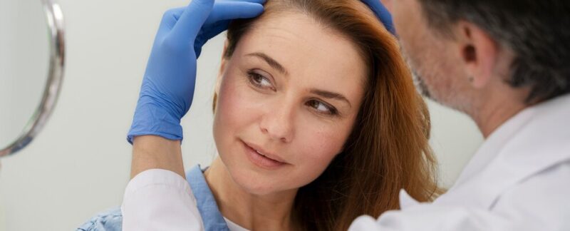 Femme recevant un traitement contre la perte de cheveux dans une clinique. La greffe de cheveux influence le bonheur