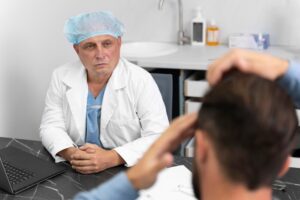 Homme adulte subissant une extraction d'unité folliculaire. Patients qui ne conviennent pas à une greffe de cheveux. boutons sur le cuir chevelu 