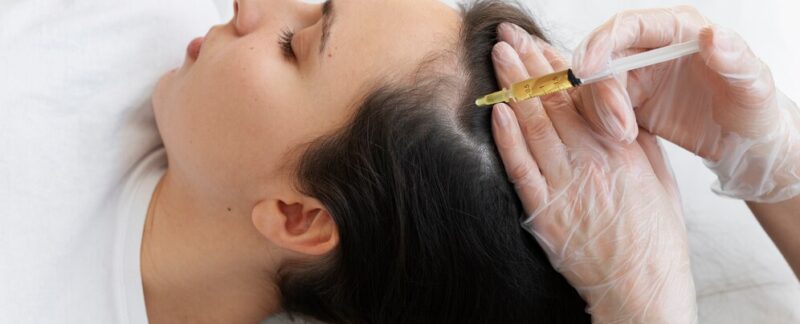 Femme recevant un traitement PRP du cuir chevelu à angle aigu. dermatologue dans la greffe de cheveux