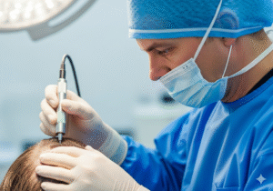 Photographie d'un chirurgien capillaire utilisant un instrument de précision pour implanter des follicules pileux sur le crâne d'un patient.
