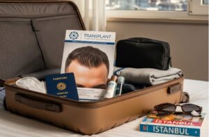 Illustration d'une valise ouverte avec une brochure de clinique de greffe de cheveux, un passeport turc et une serviette