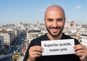 Patient satisfait montrant son résultat de greffe de cheveux avec un slogan positif sur le prix.