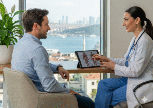 Patient souriant en consultation avec un chirurgien dans une clinique moderne à Istanbul, discutant de son plan de traitement