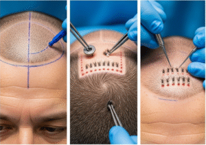 Série de photos montrant les étapes d'une greffe de cheveux : marquage, extraction, et implantation des greffons