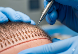 Gros plan sur un médecin utilisant un instrument de haute précision pour implanter des greffons pendant une opération de greffe de cheveux
