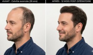 Résultat naturel avant et après une greffe de cheveux en Turquie.