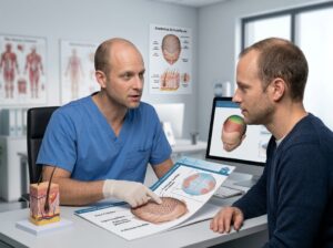 Chirurgien expliquant le plan de traitement au patient- chirurgien de greffe de cheveux en France