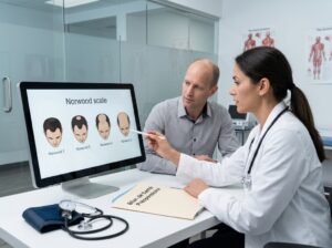médecin spécialiste examine la densité de votre zone donneuse durant la première consultation médicale de contrôle. Planifier une greffe de cheveux